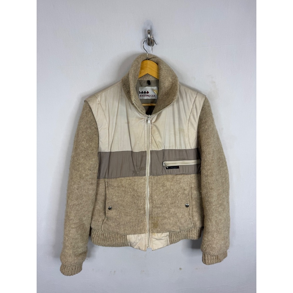 Vintage Boulevard Club Wool Knit Down Bomber Jacket Tan Brown
